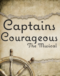 Logo for Captains Courageous musical, ship's steering wheel and old ocean map background