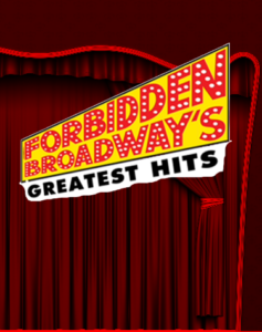Forbidden Broadway musical logo on red curtain background