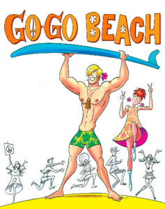 Cartoon logo for musical Go Go Beach, muscled guy with surfboard with girl in pink dress