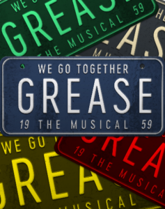 The Grease musical logo on an old license plate on a background of license plates