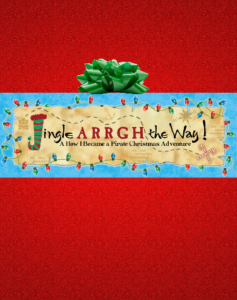 jingle Arrgh the Way musical logo on red background with Christmas decorations