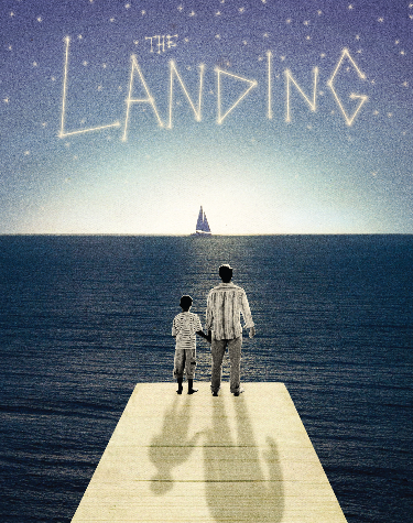The Landing musical logo with boy and man standing on dock facing away toward water