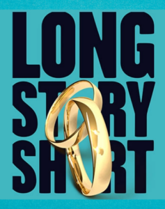 Long Story Short Musical logo with two intertwined gold rings on turqoise background
