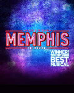 memphis musical logo, red letters on blue and red sequined globe