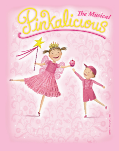 Pinkalicious musical logo art, gold fancy writing with characters from book illustrated by author