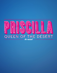 Priscilla Queen of the Desert musical logo, pink letters on blue background