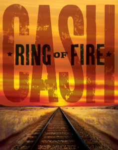 Ring of Fire Johnny Cash musical logo with sunset sky on prairie, sunset, train tracks.