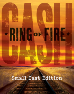 Ring of Fire Johnny Cash musical logo with sunset sky on prairie, sunset, train tracks.