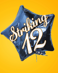 Striking 12 musical logo, on a blue star balloon on a yellow background