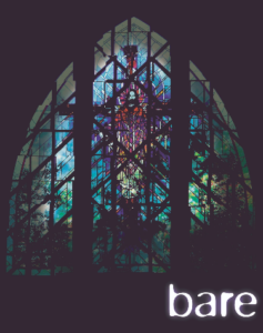 Logo for bare, the musical, stained glass church window withe Jesus and title of show