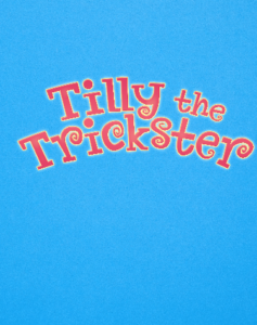 Tilly the Trickster logo, red type on blue background