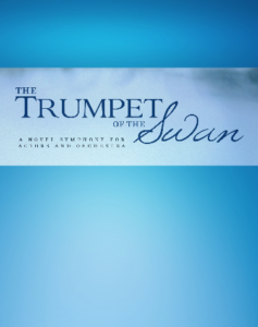 Trumpet of the Swan symphony title on blue abstract background