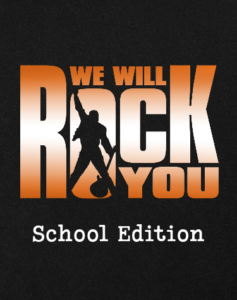 Queen's We Will Rock You musical logo, bright orange type on black