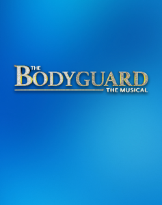 The Bodyguard musical logo, shimmering silver-gold text on blue background