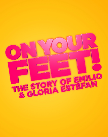 On Your Feet Musical logo on yellow background, bright pink text