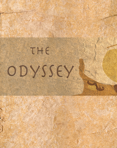 Odyssey musical logo, on old time paper, classic Greek lettering look