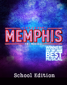 memphis musical logo, red letters on blue and red sequined globe