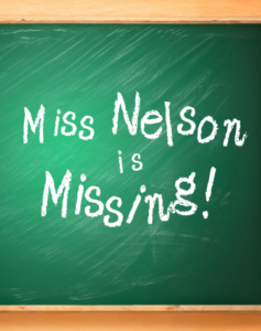 Miss Nelson is Missing musical logo, chalk font on a chalkboard green background