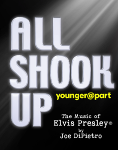Show logo for ALL SHOOK UP junior musical, white text on black background, with lighting shining on upper text