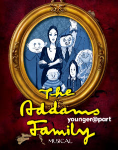 Show logo for THE ADDAMS FAMILY Musical with family cartoon by Addams