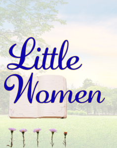 Little Women musical logo with 5 flowers on a green field and blank book open