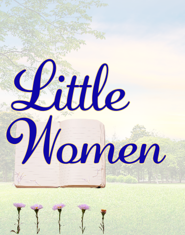 Little Women musical logo with 5 flowers on a green field and blank book open